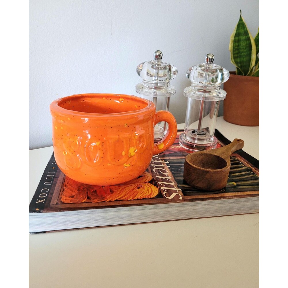Vintage Soup Mug Bowl Orange and Yellow Splatter Glazed Ceramic 1970s Pottery